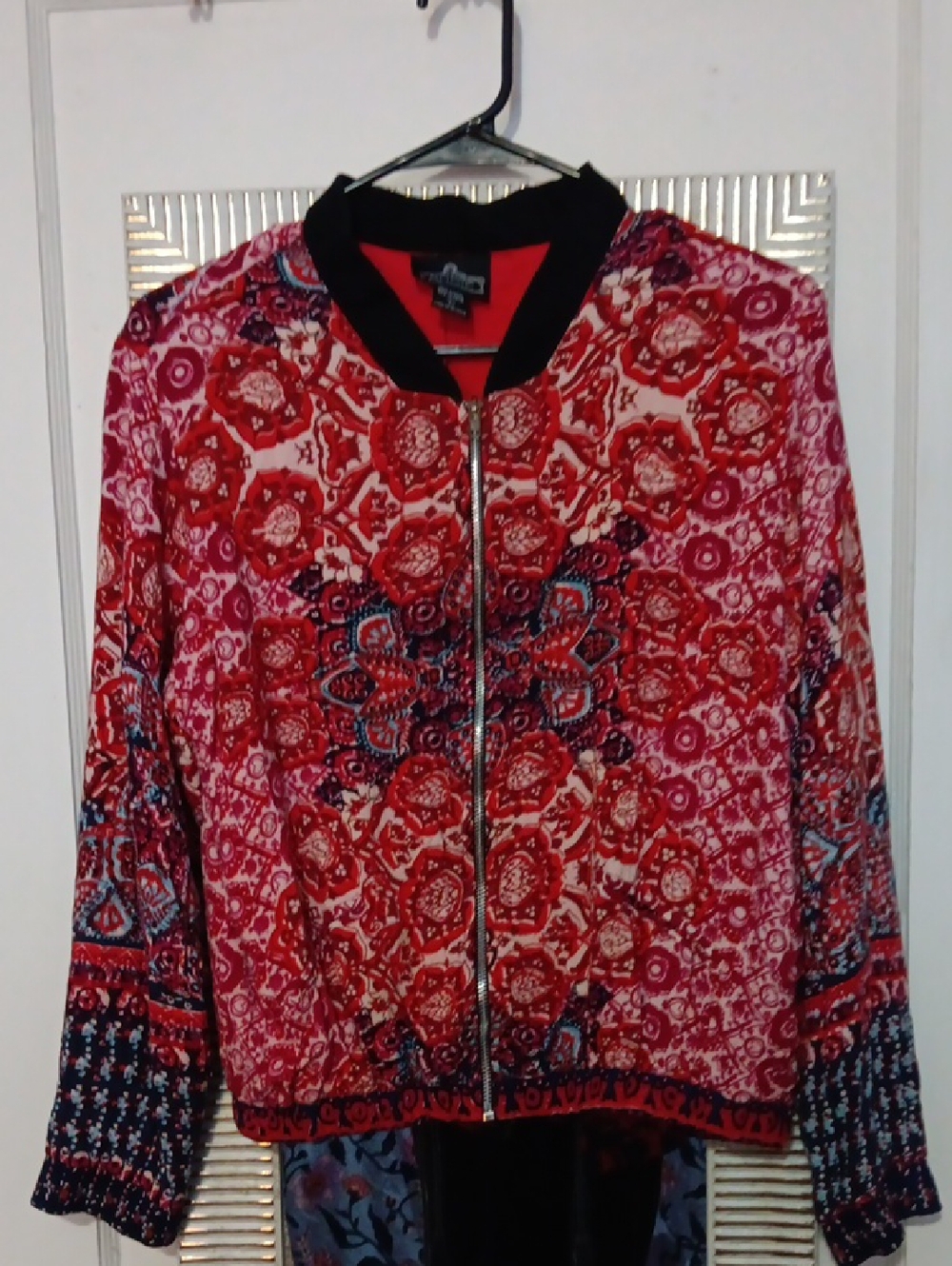 Angie Red Patterned Bomber Jacket with Black Trim
